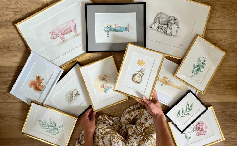 Portfolio of original watercolor paintings displayed together