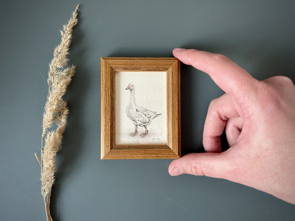 tiny goose art print in frame from my watercolor portfolio
